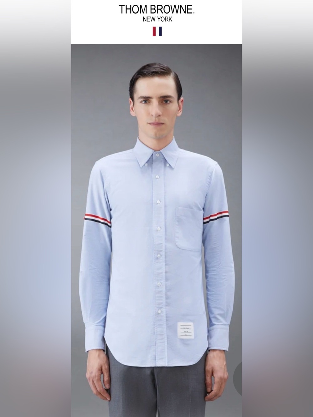Thom Browne Light Blue Button-Up Shirt with Red-White-Navy Arm Stripes